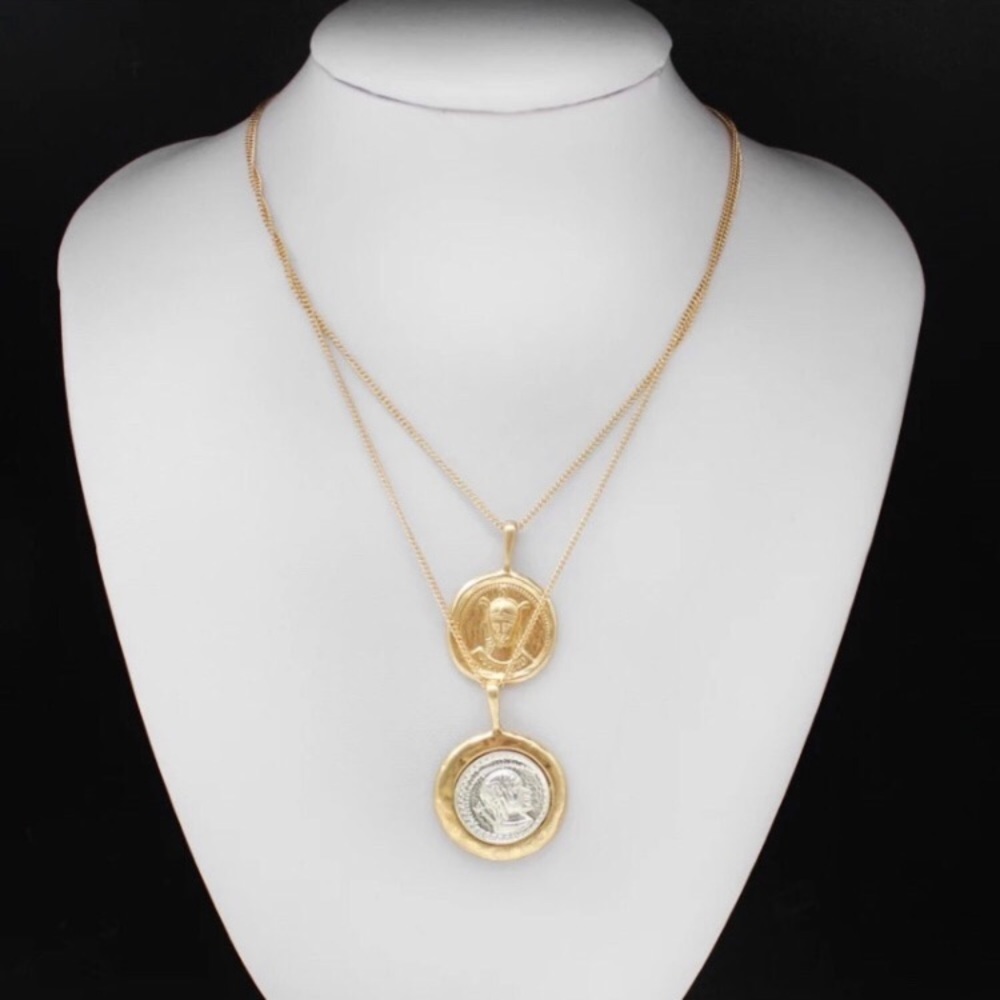 Coin Pendant Vintage Double Chain Layered Necklace - Picture 7 of 9